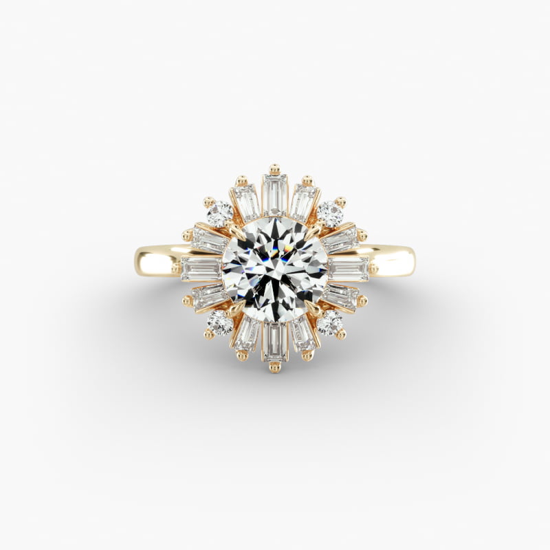 14K Yellow Gold Baguette Ballerina Halo Diamond Engagement Ring