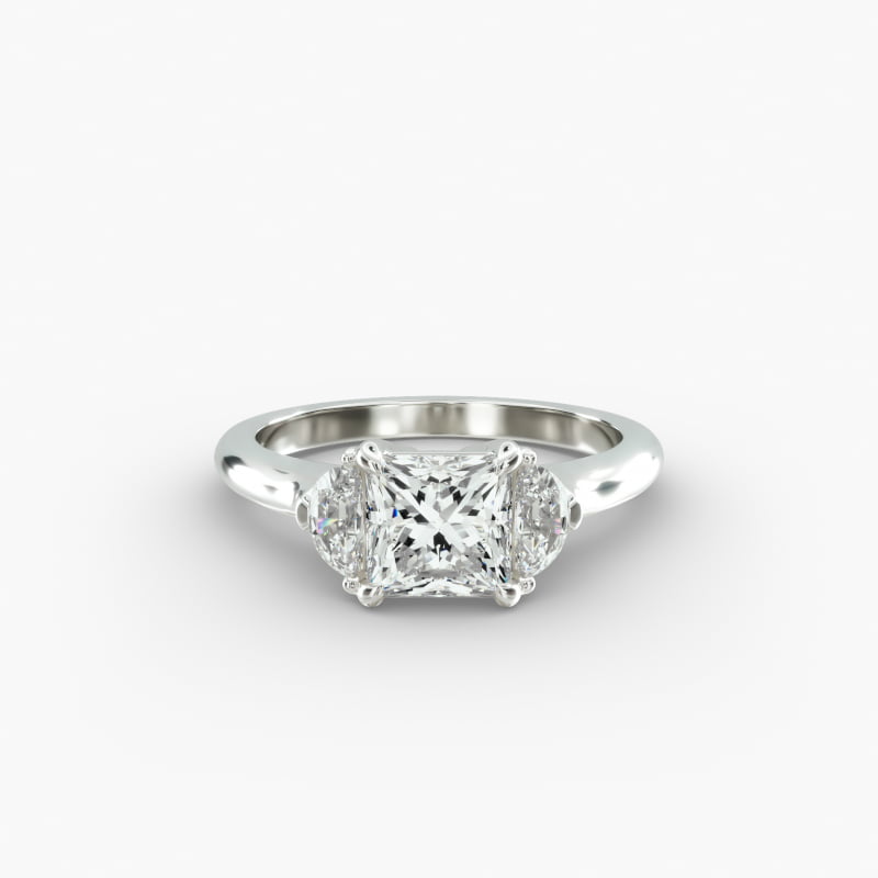 Half Moon Diamond Three Stone Engagement Ring In 14K White Gold