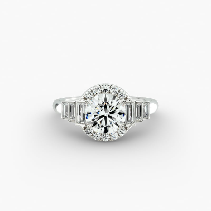 14K White Gold Escalating Baguettes Halo Diamond Engagement Ring