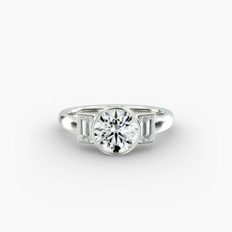 Bezel Straight Baguette Cut Diamond Three Stone Engagement Ring In 14K White Gold