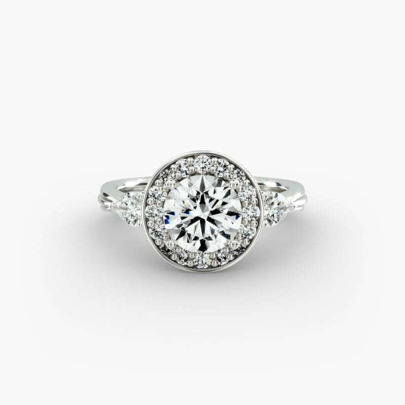 14K White Gold Halo Pear Shaped Side Stone Engagement Ring