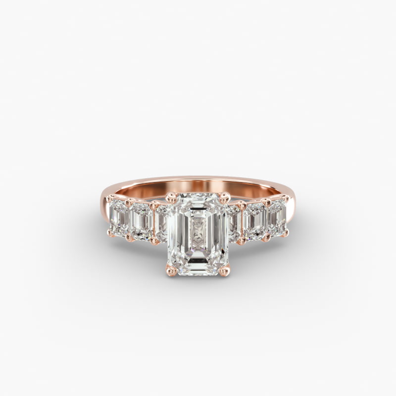 14K Rose Gold Emerald Cut Side Stone Diamond Engagement Ring