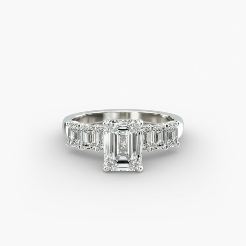 14K White Gold Emerald Cut Side Stone Diamond Engagement Ring