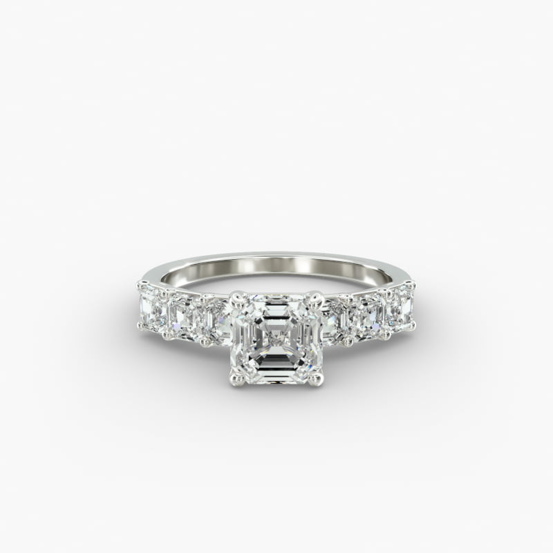 14K White Gold Asscher Cut Side Stone Diamond Engagement Ring