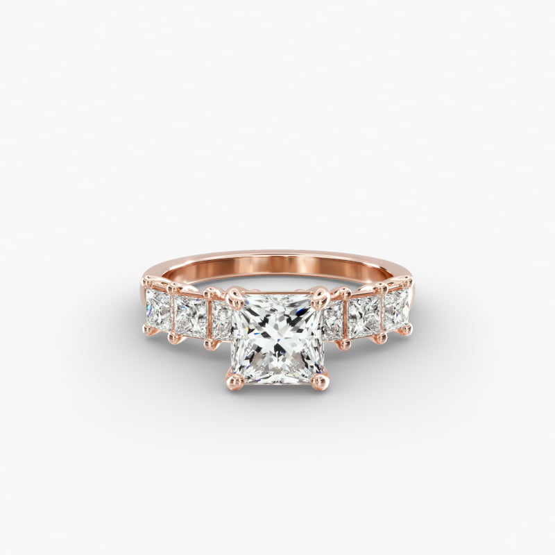 14K Rose Gold Princess Cut Side Stone Diamond Engagement Ring