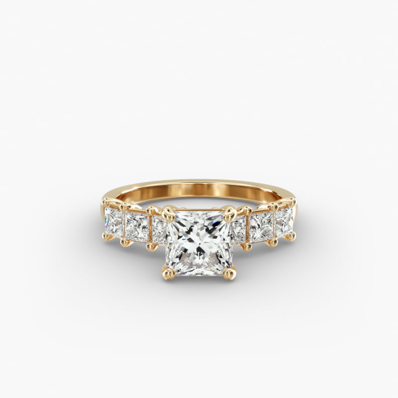 14K Yellow Gold Princess Cut Side Stone Diamond Engagement Ring
