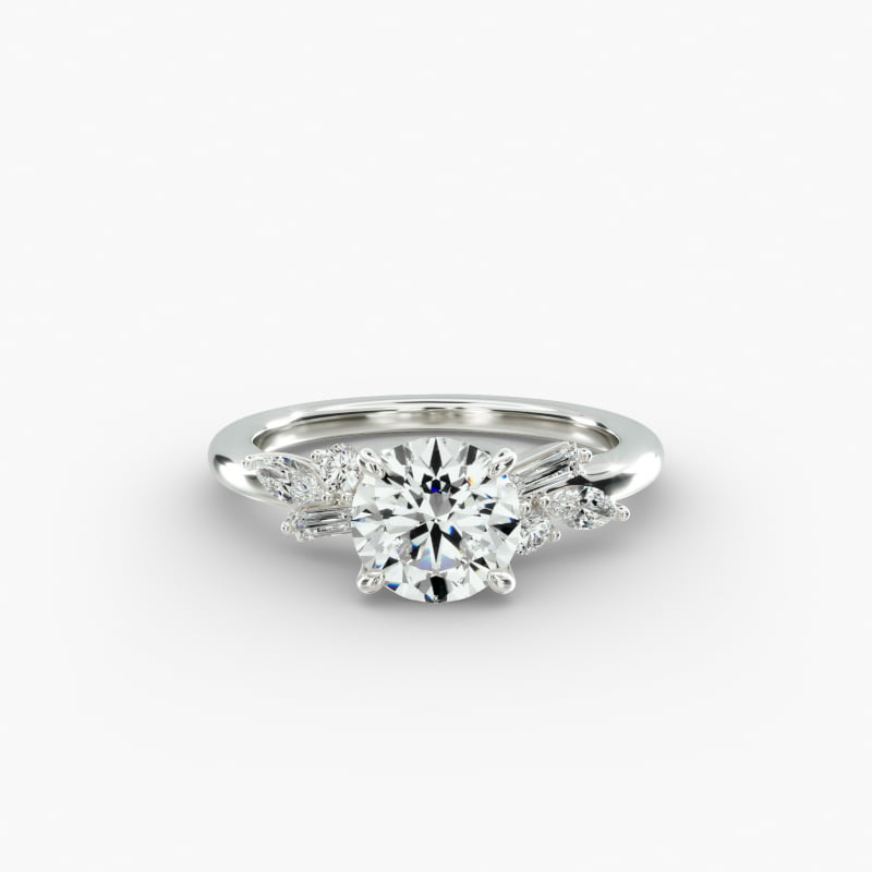 Floral Motif Diamond Accent Side Stone Engagement Ring In 14K White Gold