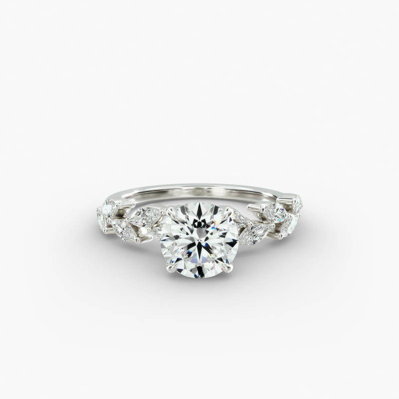 Floral Diamond Vine Side Stone Engagement Ring In 14K White Gold