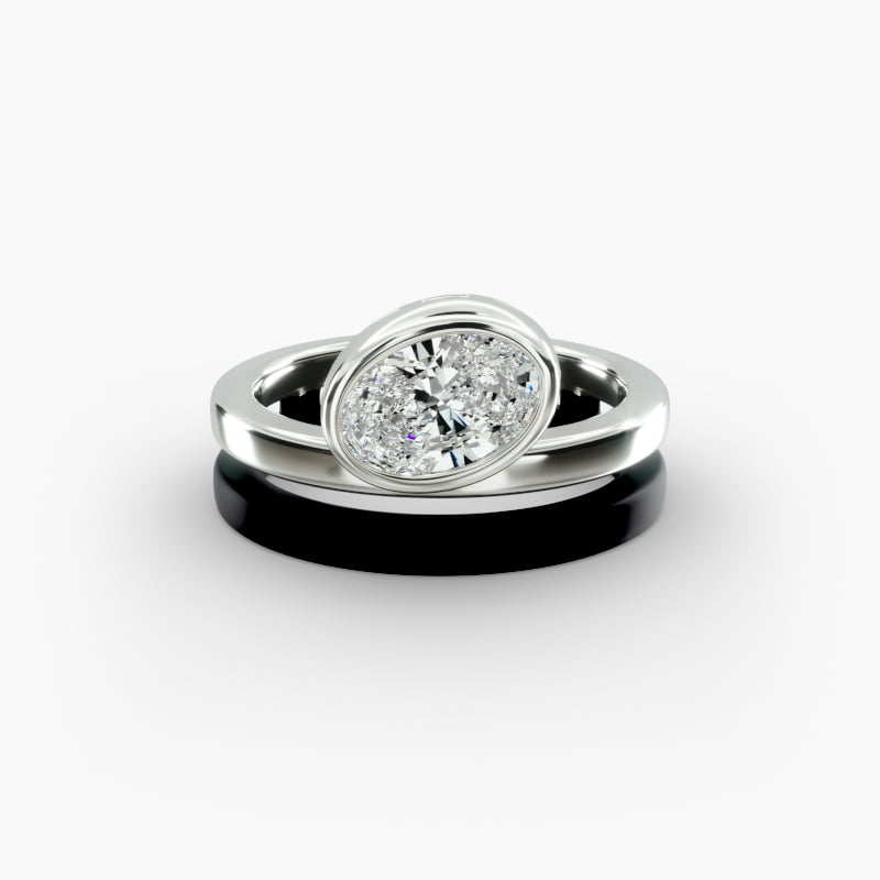 18K Black & White Gold Double Band Tilted Bezel Set Solitaire Noir Engagement Ring