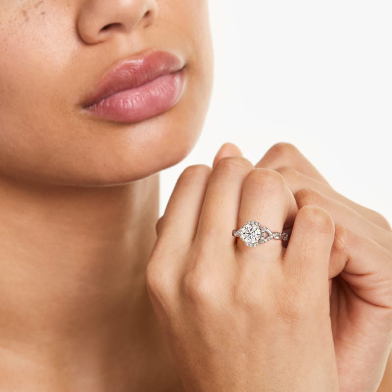 14K White Gold Interlaced Pavé Halo Diamond Engagement Ring
