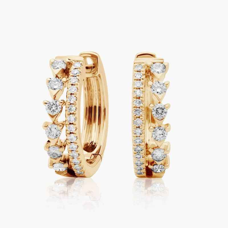 14K Yellow Gold Dainty Diamonds Double Row Huggie Hoop Earrings