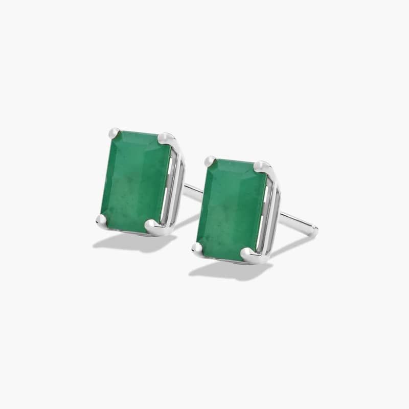 14K White Gold Emerald Cut Emerald Birthstone Stud Earrings