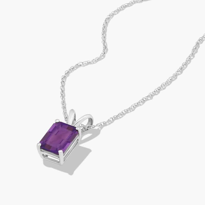 14K White Gold Emerald Cut Amethyst Birthstone Pendant Necklace