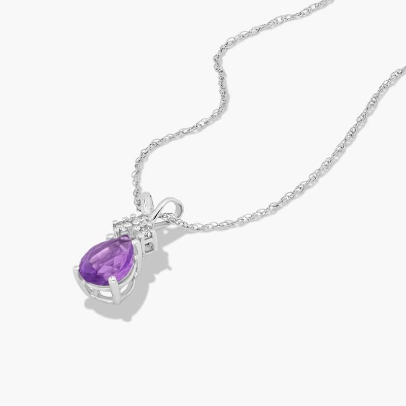 14K White Gold Pear Shaped Amethyst & Tri-Diamond Birthstone Pendant Necklace 14K White Gold Pear Shaped Amethyst & Tri-Diamond Birthstone Pendant Necklace