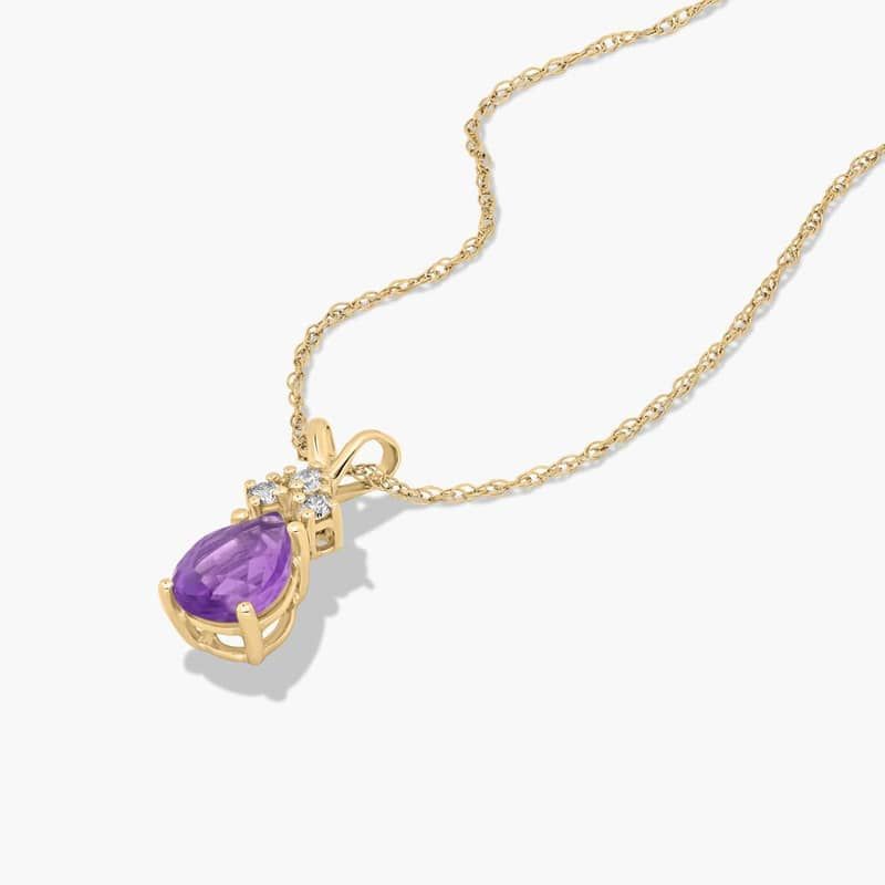 14K Yellow Gold Pear Shaped Amethyst & Tri-Diamond Birthstone Pendant Necklace 14K Yellow Gold Pear Shaped Amethyst & Tri-Diamond Birthstone Pendant Necklace