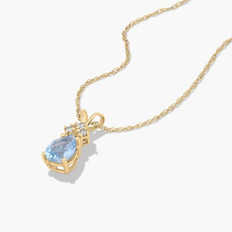 14K Yellow Gold Pear Shaped Aquamarine & Tri-Diamond Birthstone Pendant Necklace