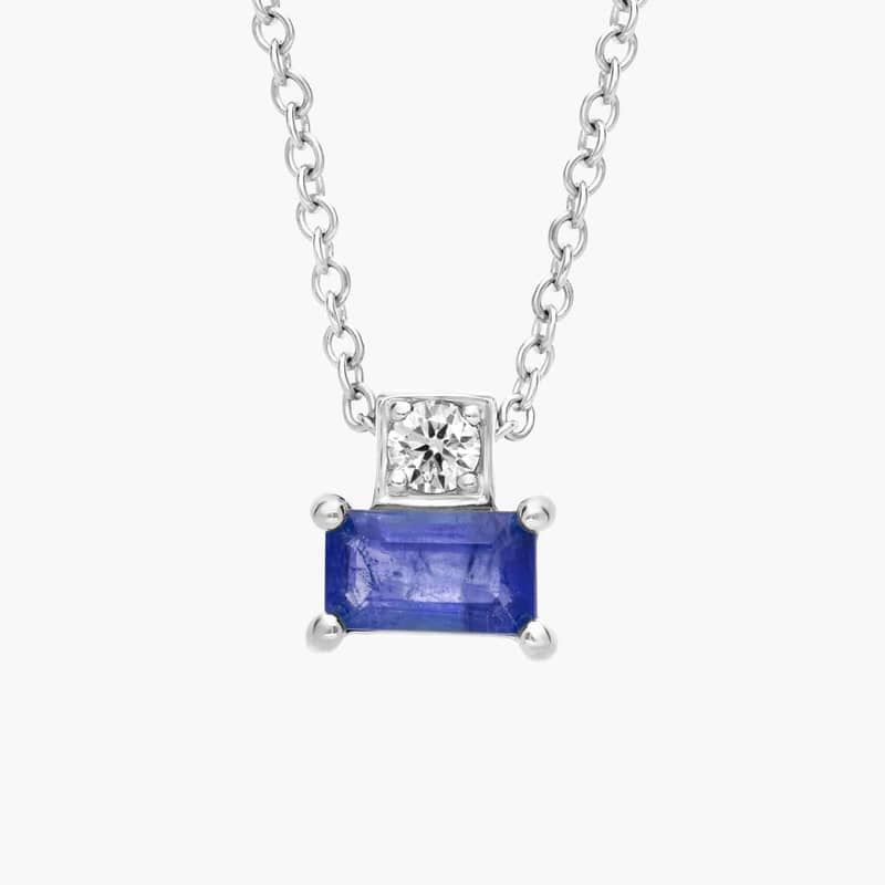 Blue Sapphire and Diamond Solitaire Pendant in 14k White Gold