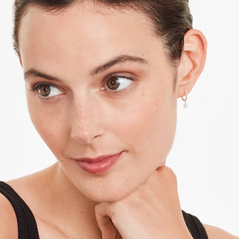 14K Rose Gold Dangling Diamond Star and Moon Huggie Hoop Earrings