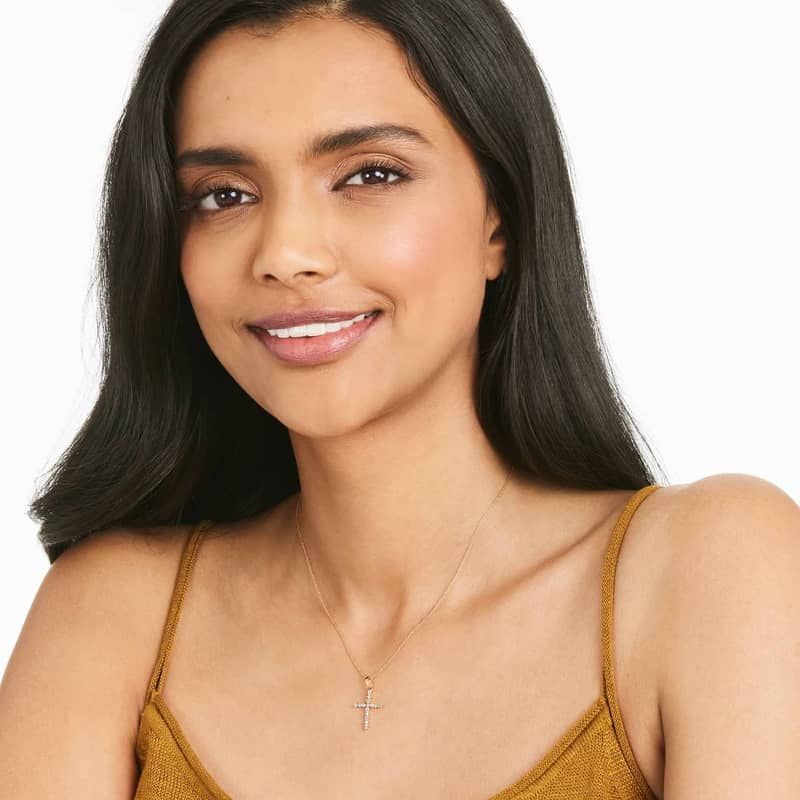 14K Rose Gold Alternating Diamond Cross Necklace