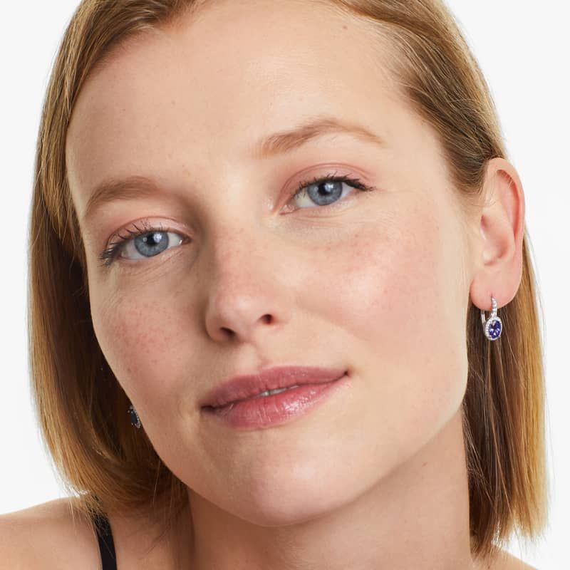 14K White Gold Drop Oval Halo Tanzanite and Diamond Earrings (7x5mm)