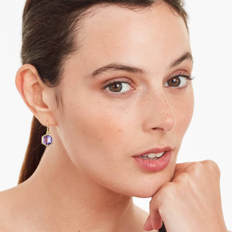 18K Yellow Gold Bezel Hexagonal Amethyst Hook Earrings