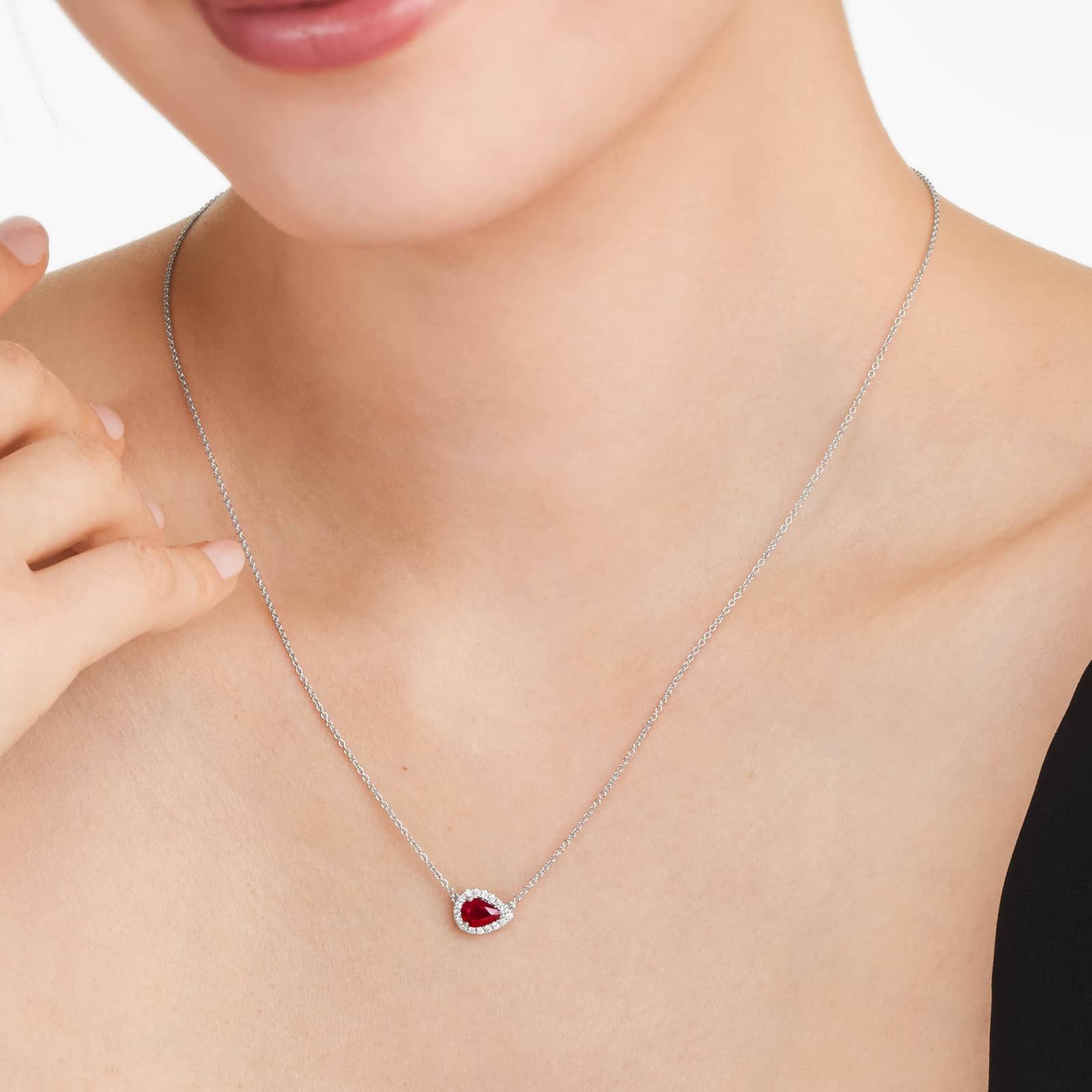 18K White Gold Sideways Pear Ruby and Diamond Halo Necklace-8344007w