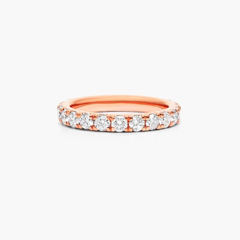 Fully faceted, round brilliant diamonds are pavé set to create the overall appearance of glimmer and shine with this modern classic, french cut pavé eternity band. *Number of diamonds and carat total weight will vary depending on ring size.