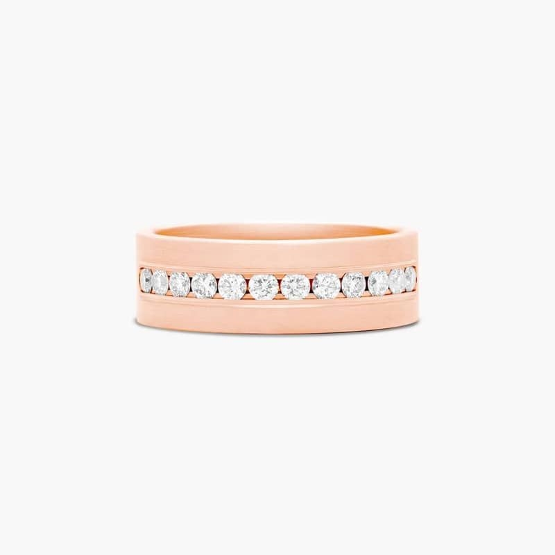 This white gold satin-finished 8mm comfort-fit diamond band features 12 channel-set round ideal-cut diamonds.* Comfort Fit: A comfort fit design features a rounded polished interior that allows the ring to slide easily and rest comfortably on the finger.