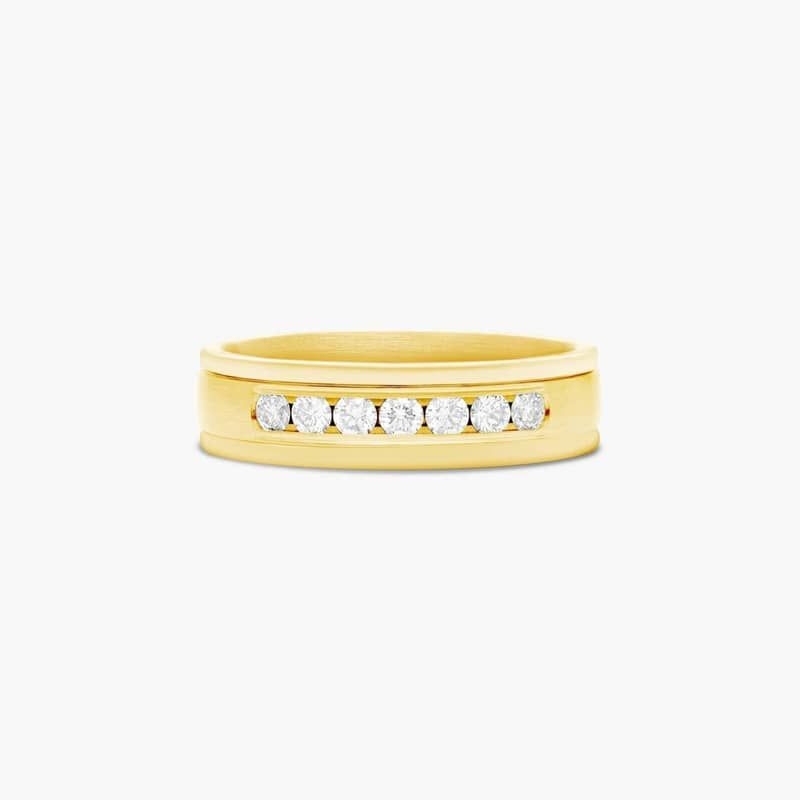 This beautiful satin finish 6mm mens diamond band features a strong round edge that surrounds multiple beautiful round cut stones. Total Carat weight of this band is approximately .42CTW.