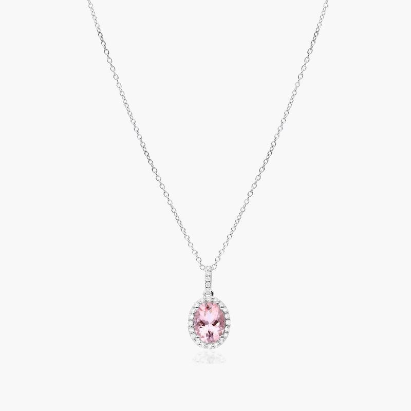 14K White Gold Morganite and Diamond Halo Necklace