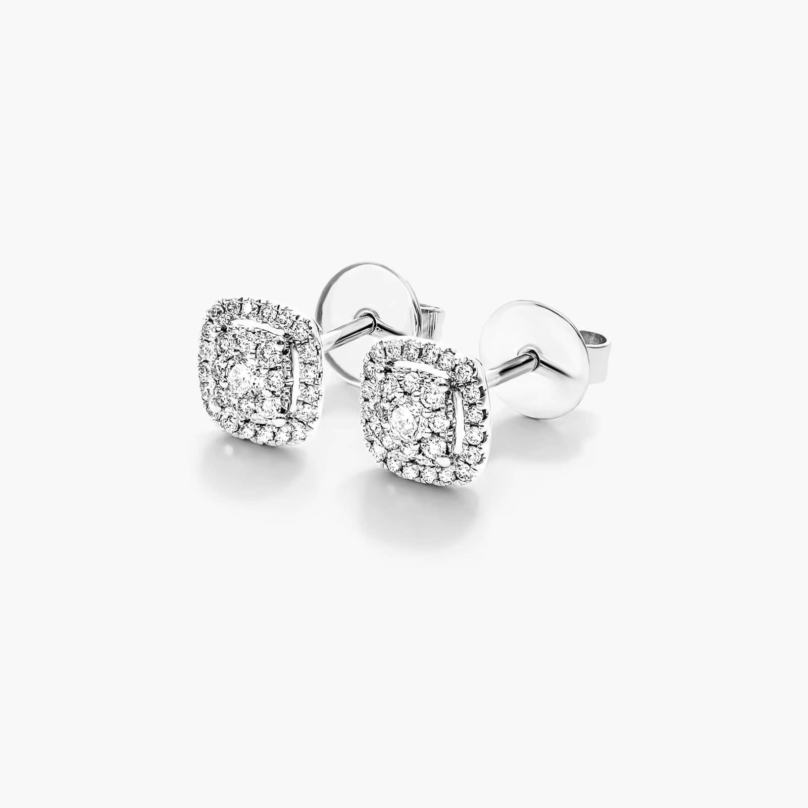 14K White Gold Cushion Halo Cluster Stud Earrings