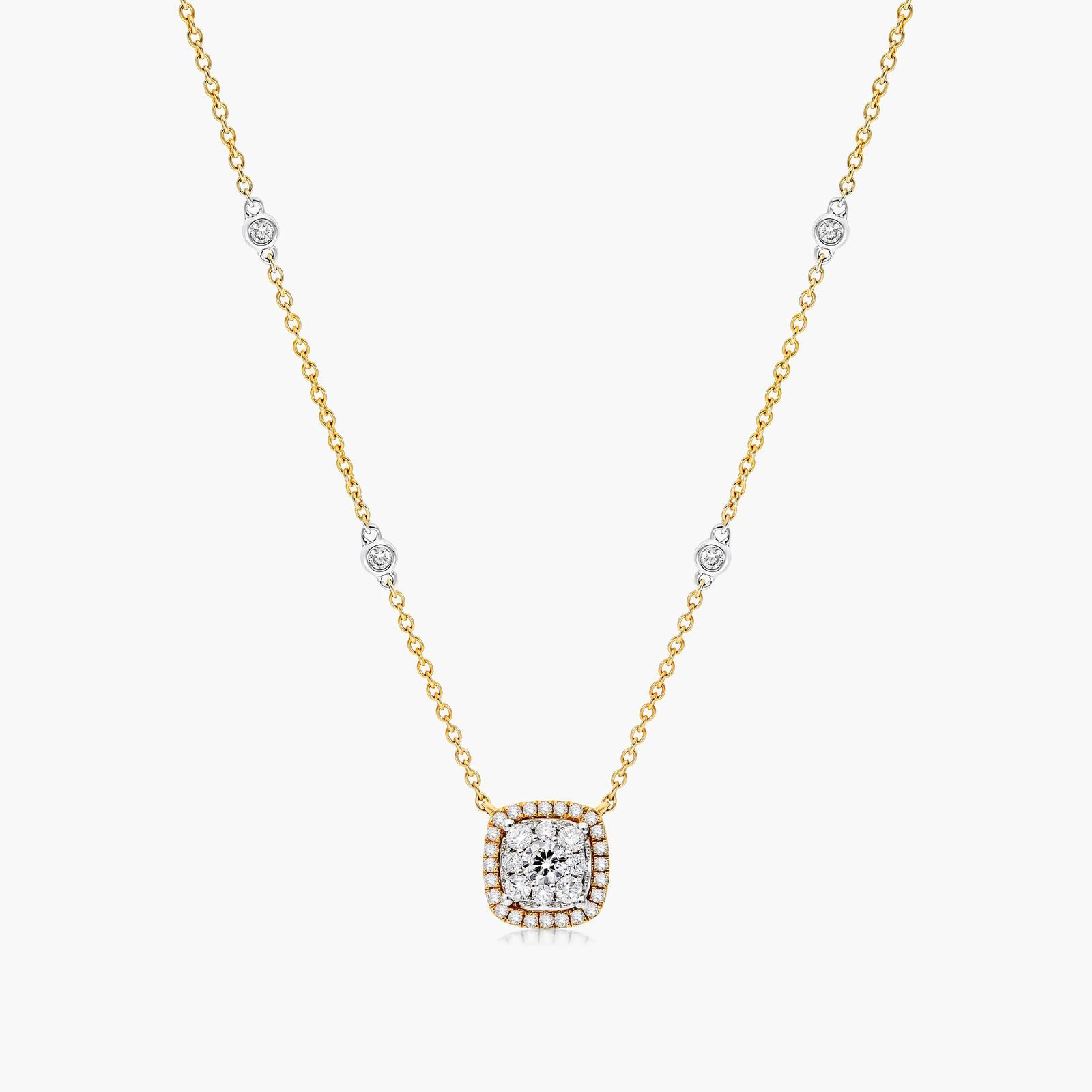 14K Yellow Gold Cushion Halo Cluster Necklace