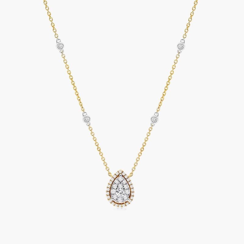 14K Yellow Gold Pear Halo Cluster Necklace