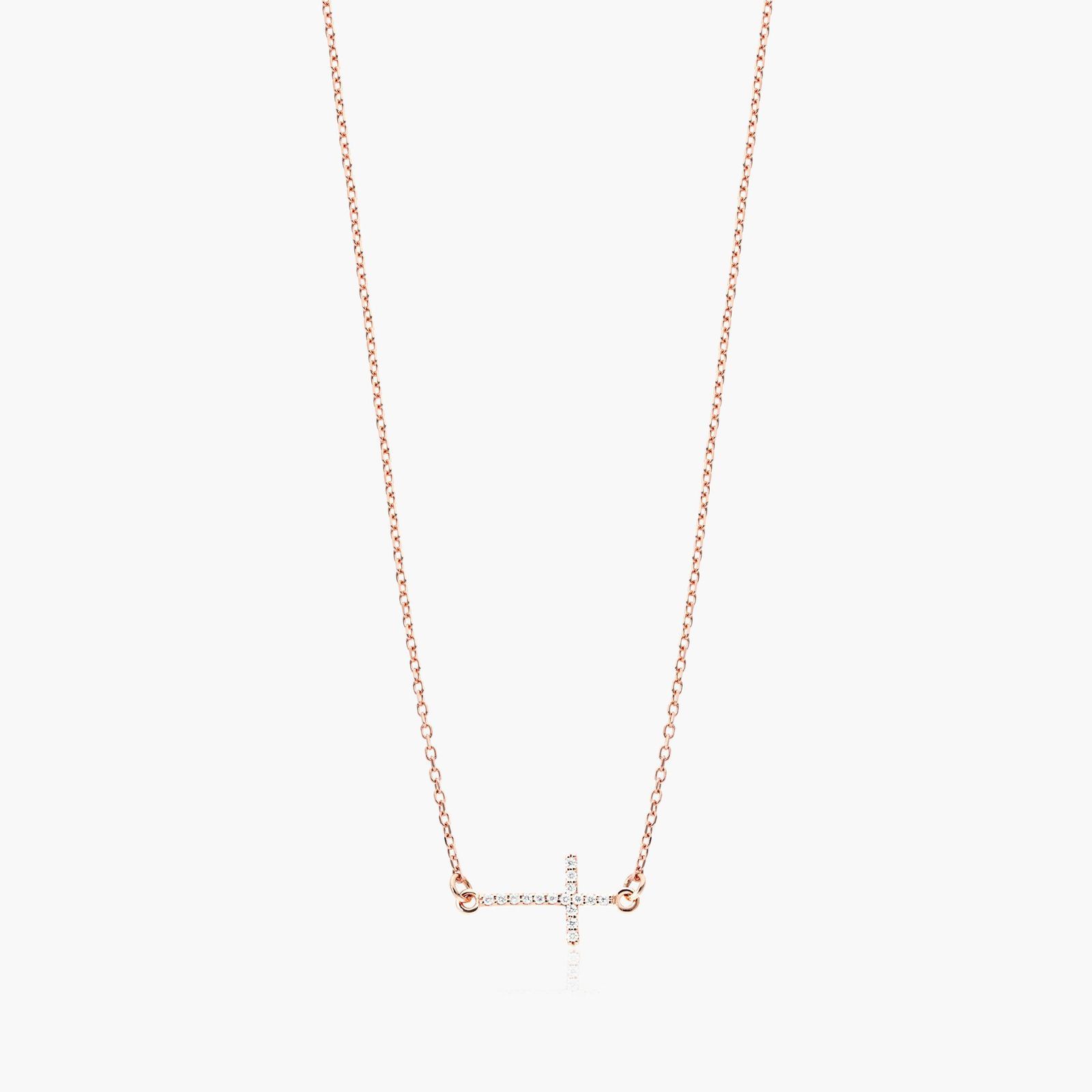 14K Rose Gold Sideways Cross Diamond Necklace Image-0