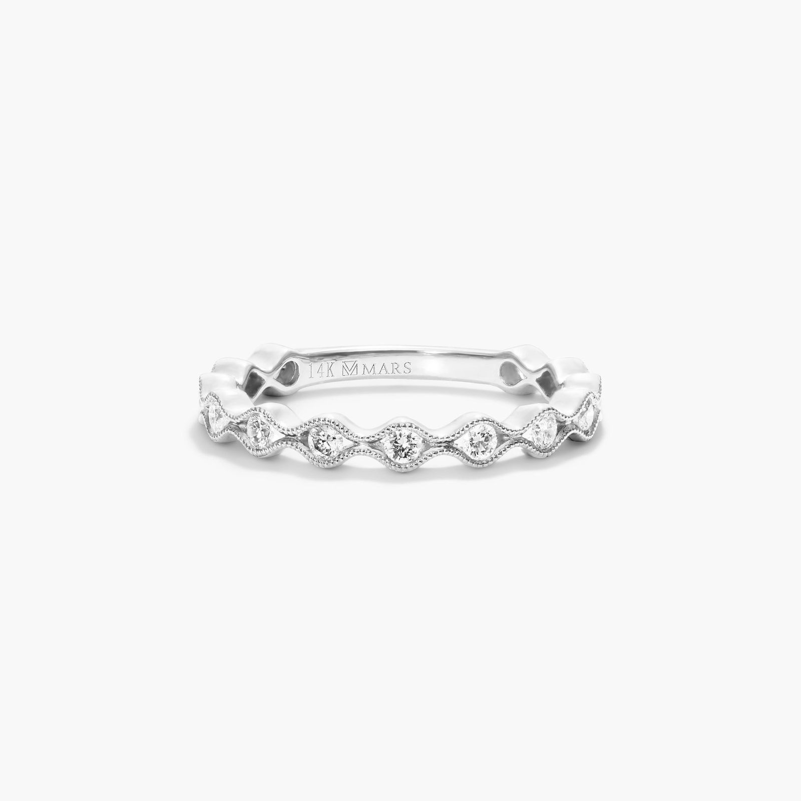 14K White Gold Waving Milgrain Bezel Diamond Ring Image-0