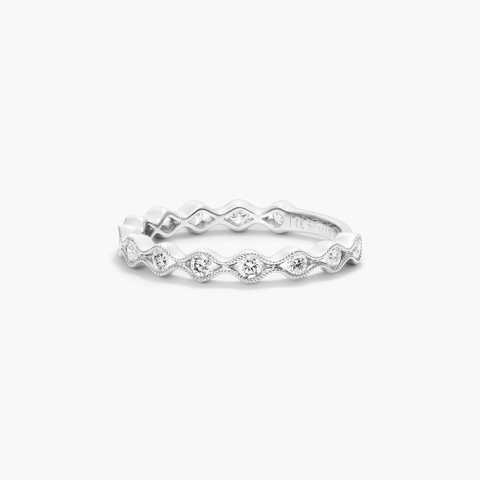 14K White Gold Waving Milgrain Bezel Diamond Ring Image-1