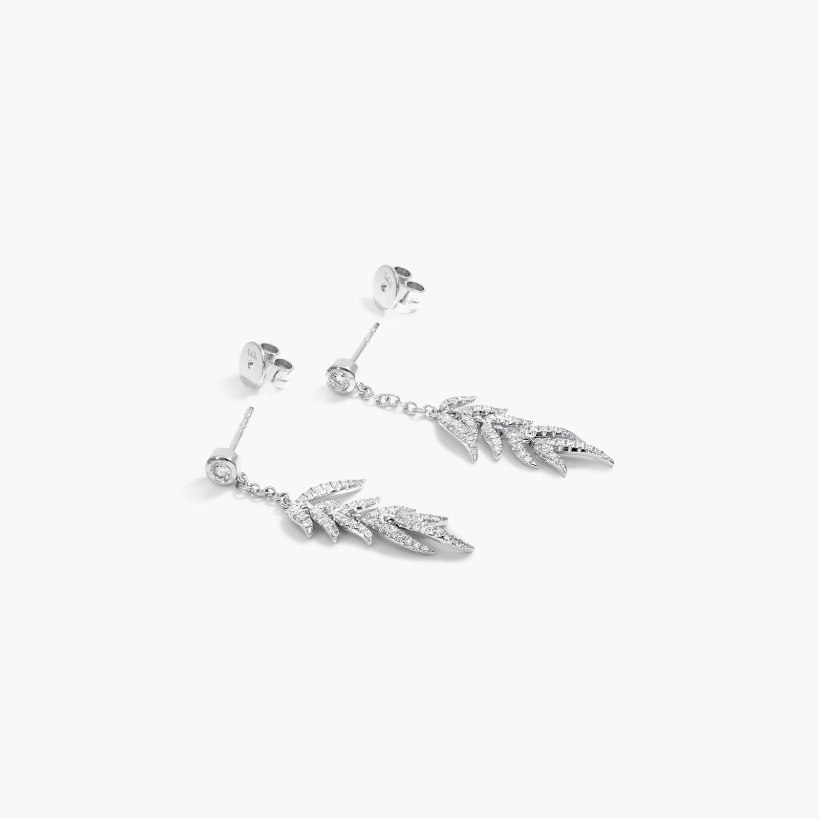 14K White Gold Leaves Cascade Diamond Drop Earrings Image-1