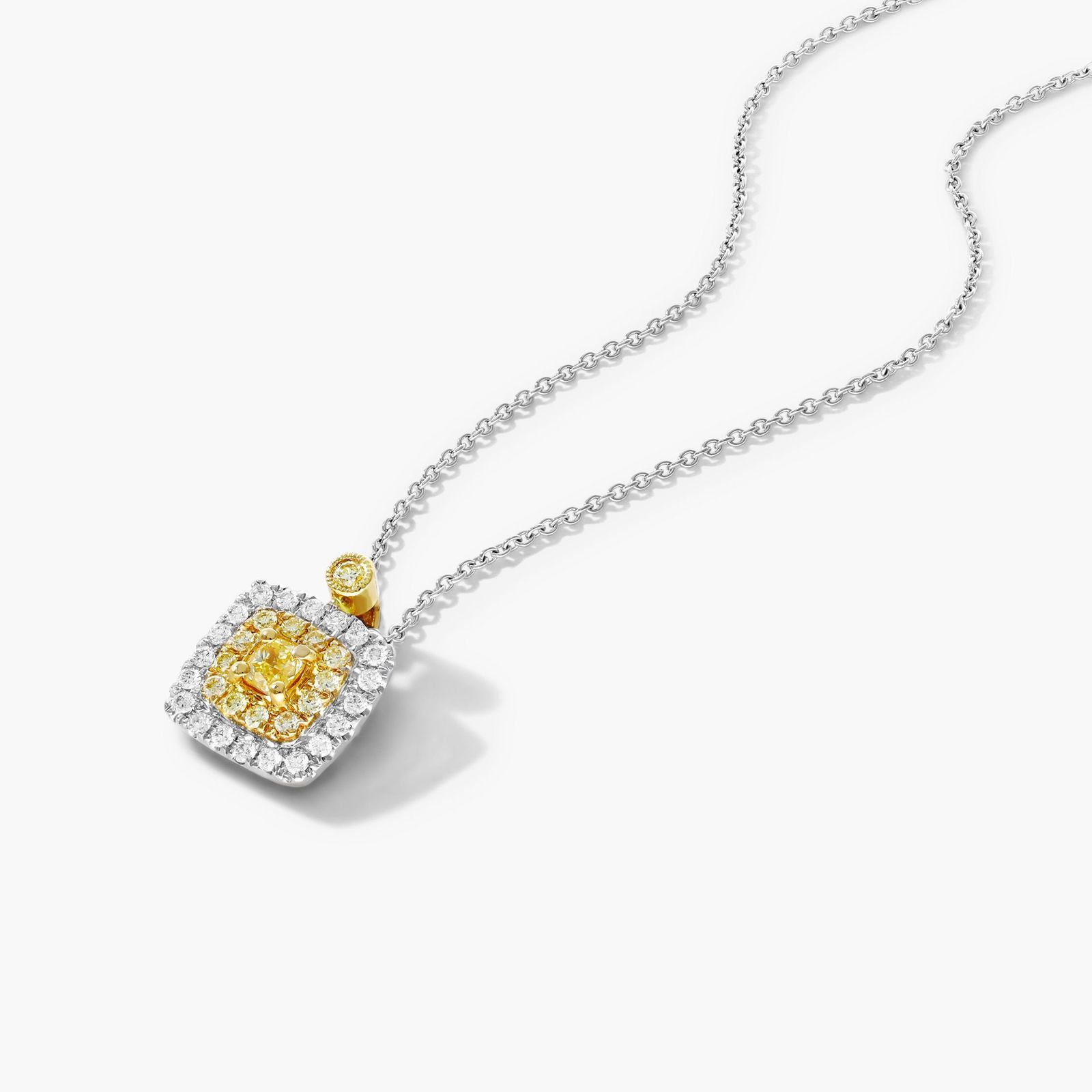 18K White and Yellow Gold Fancy Yellow Diamond Cluster Cushion Necklace Image-1