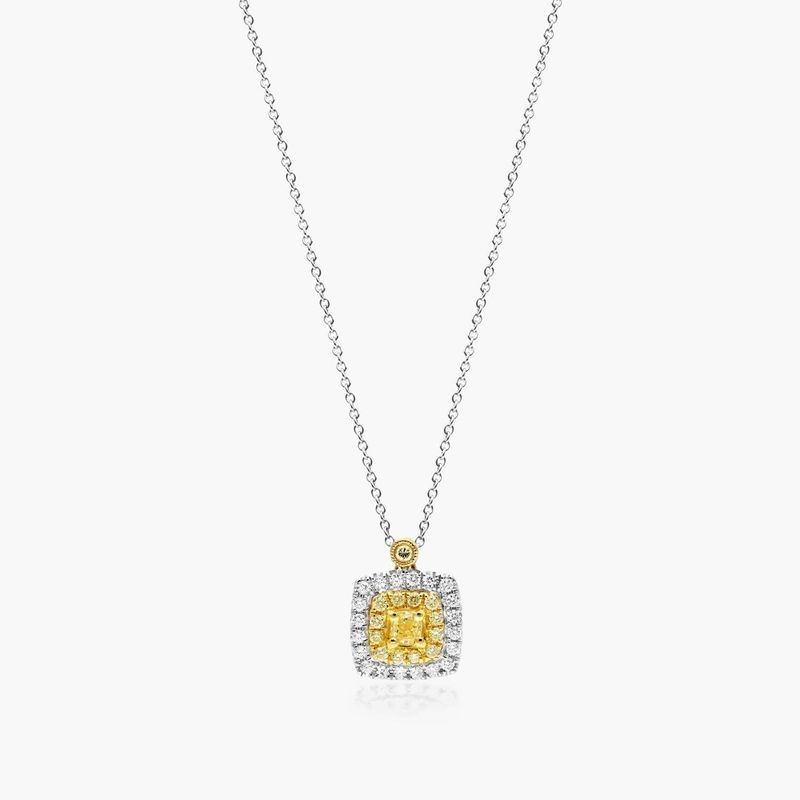 18K White and Yellow Gold Fancy Yellow Diamond Cluster Cushion Necklace