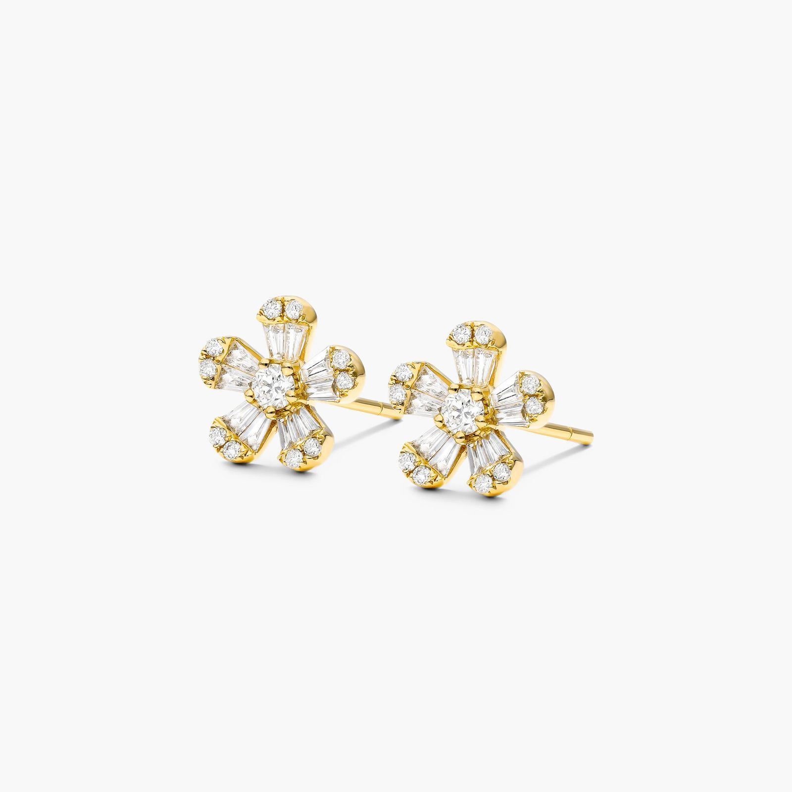 14K Yellow Gold Baguette and Round Diamond Flower Earrings Image-1