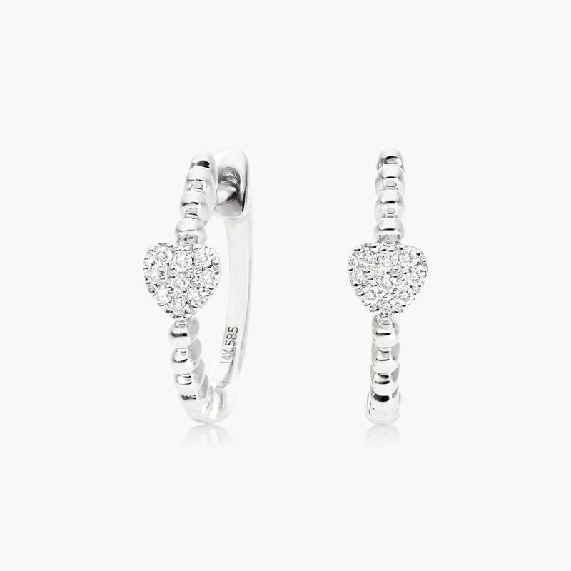 14K White Gold Diamond Heart Huggie Hoops