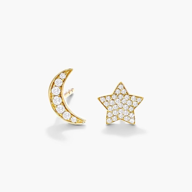 14K Yellow Gold Dangling Diamond Star and Moon Huggie Hoop Earrings