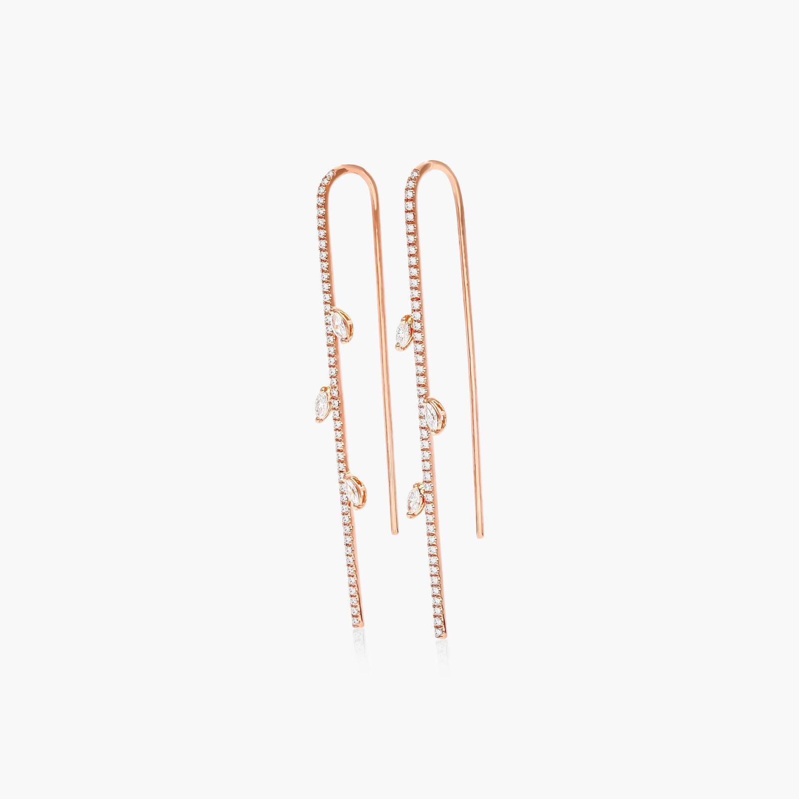 18K Rose Gold Leafy Stem Threader Diamond Earrings Image-1