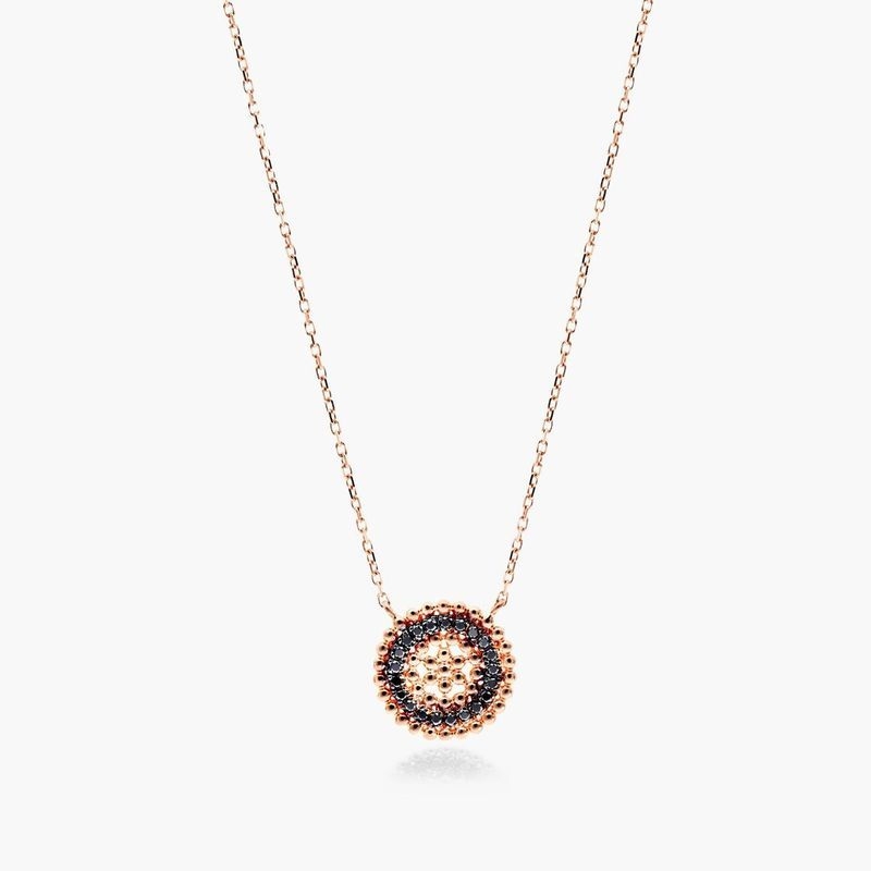 18K Rose Gold Dots Black Diamond Inner Circle Necklace