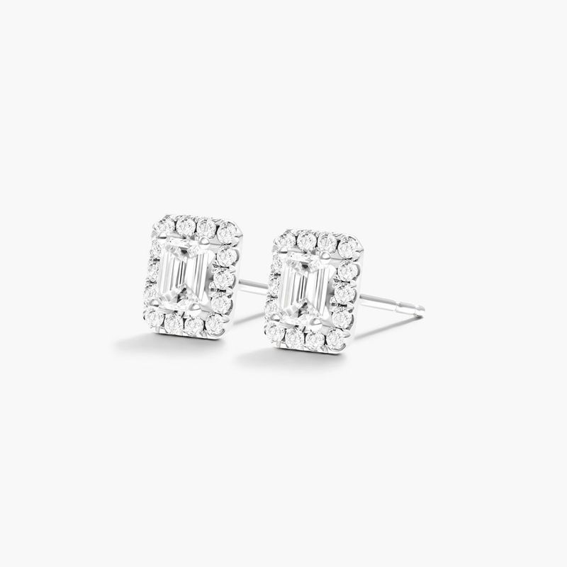 emerald cut halo earrings