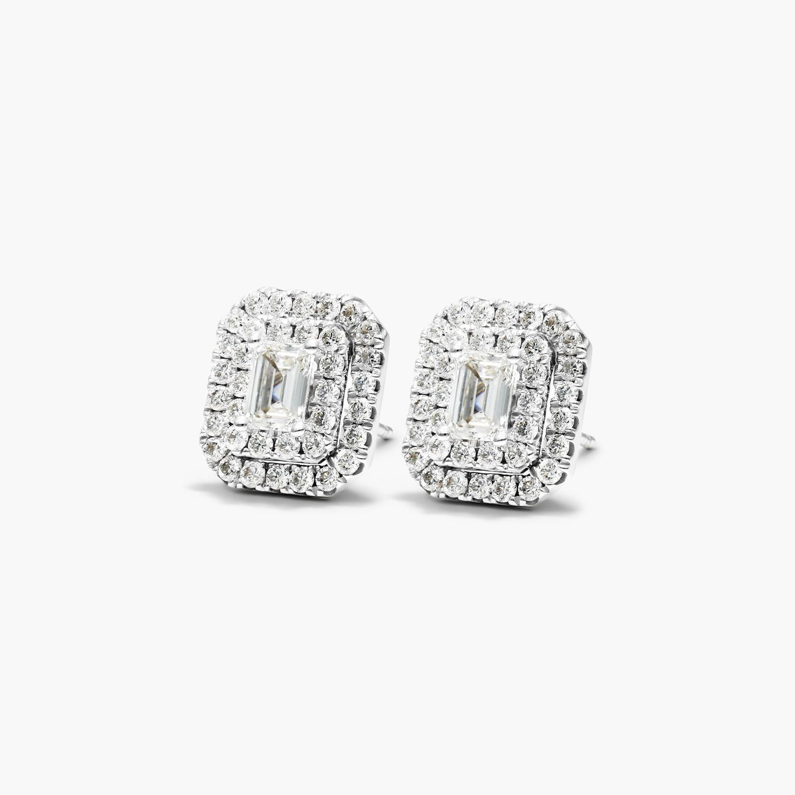 18K White Gold Double Halo Emerald Cut Diamond Earrings Image-1