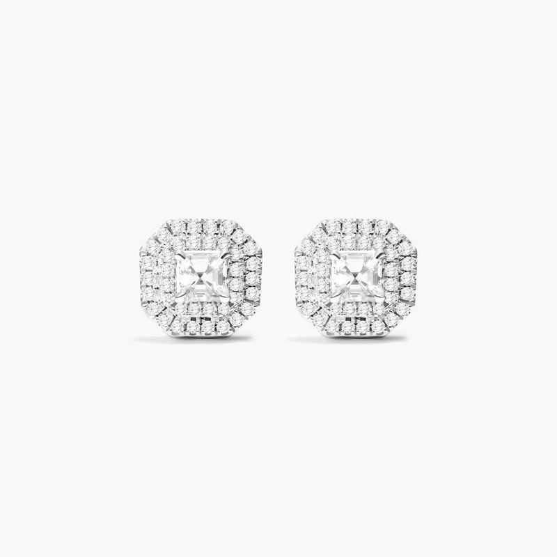 18K White Gold Double Halo Asscher Cut Diamond Earrings