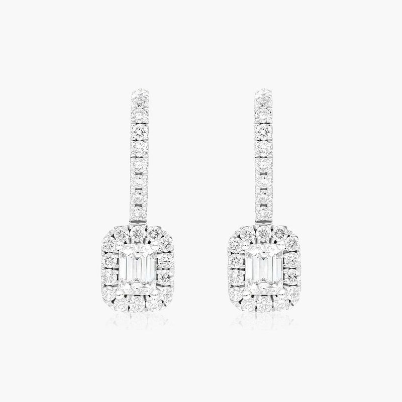 18K White Gold Halo Emerald Cut Diamond Leverback Earrings