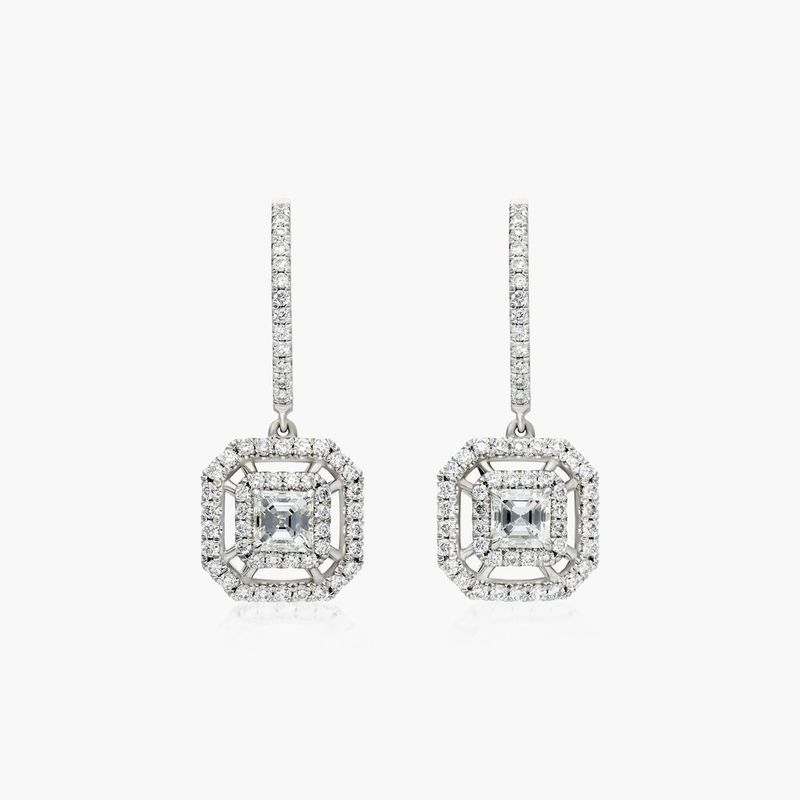 18K White Gold Double Frame Asscher Cut Diamond Leverback Earrings