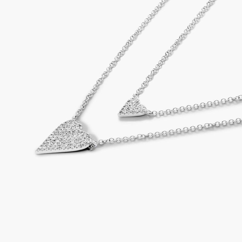 14K White Gold Two Hearts in One Layered Diamond Necklace